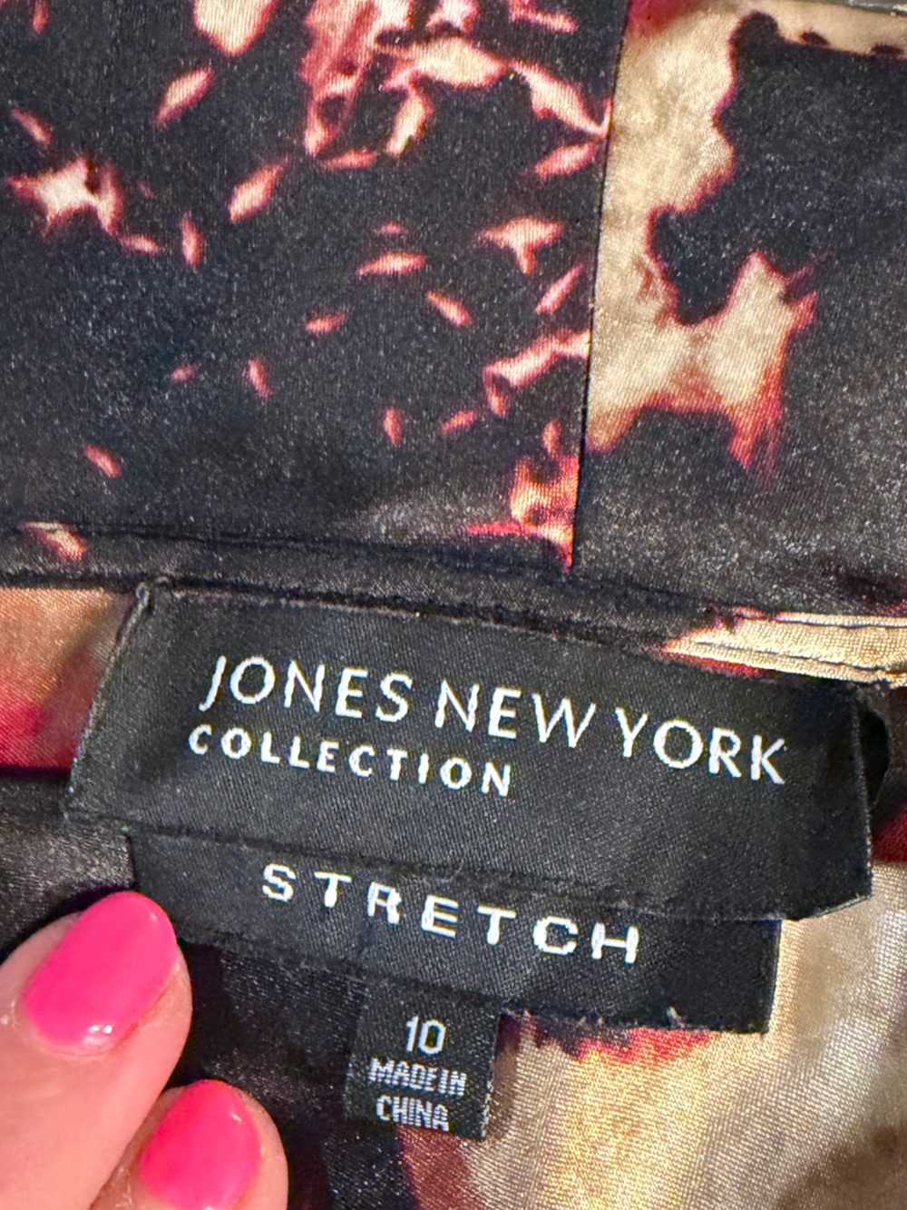 Jones New York Black Satin Top with Gold & Burgundy Abstract Print size 10 / med - Picture 2 of 7